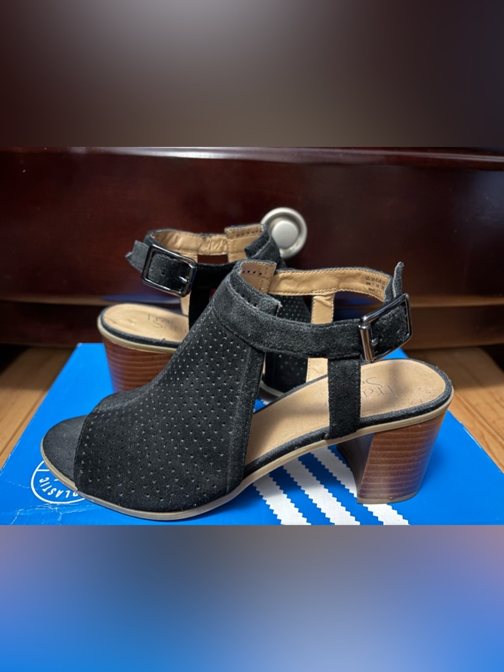 Franco Sarto Black Suede Open-Toe T-Strap Block Heel Sandals